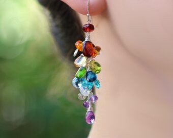 Multi Gemstone Rainbow Earrings, Long Gemstone Cluster Earrings in Sterling Silver