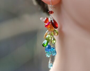 Multi Gemstone Rainbow Earrings, Long Gemstone Cluster Earrings in Sterling Silver