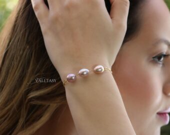 Peach and Pink Pearl Bracelet, High Luster Pearl Trio Chain Bracelet