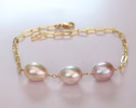 Peach and Pink Pearl Bracelet, High Luster Pearl Trio Chain Bracelet