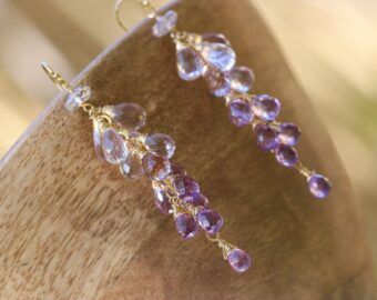 Pink Amethyst Long Cluster Earrings in Gold Filled, Wire Wrapped Gemstone Statement Earrings