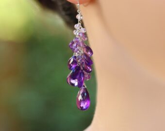 Purple Amethyst Earrings Cascade, Long Cluster Gemstone Earrings