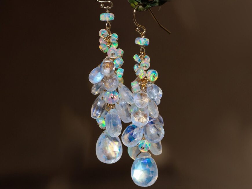Rainbow Moonstone and Welo Ethiopian Opal Cascade Cluster Earrings, Long Statement Earrings