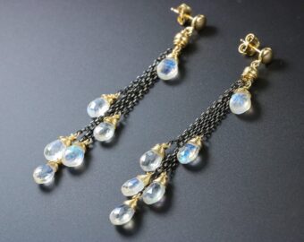 Rainbow Moonstone Earrings with Mixed Metals, Moonstone Cascade Earrings