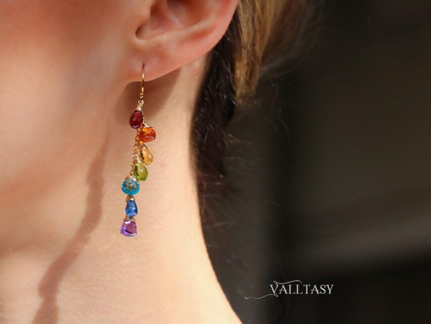 Rainbow Multi Gemstone Drop Earrings, Linear Gemstone Earrings