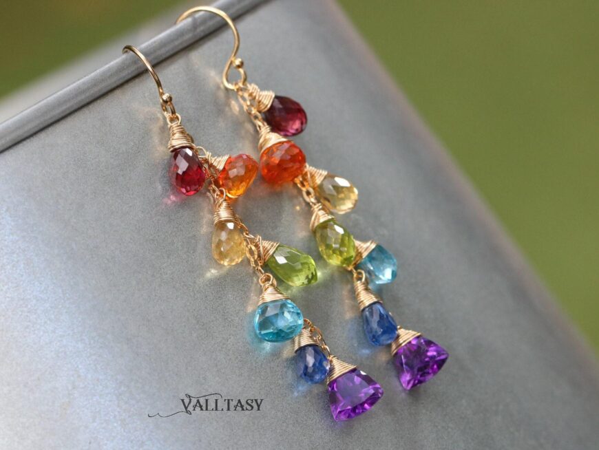 Rainbow Multi Gemstone Drop Earrings, Linear Gemstone Earrings