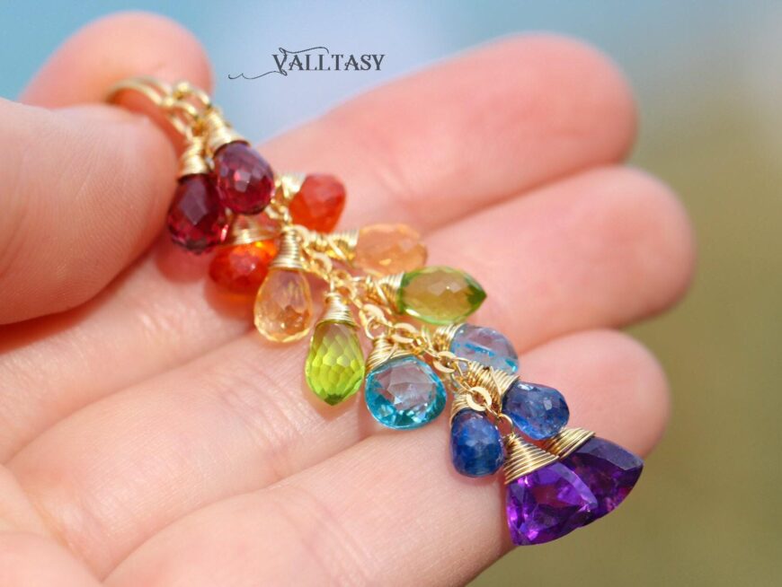 Rainbow Multi Gemstone Drop Earrings, Linear Gemstone Earrings