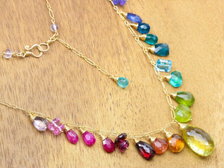 Rainbow Multi Gemstone Necklace in Gold Filled, Precious Drop Necklace
