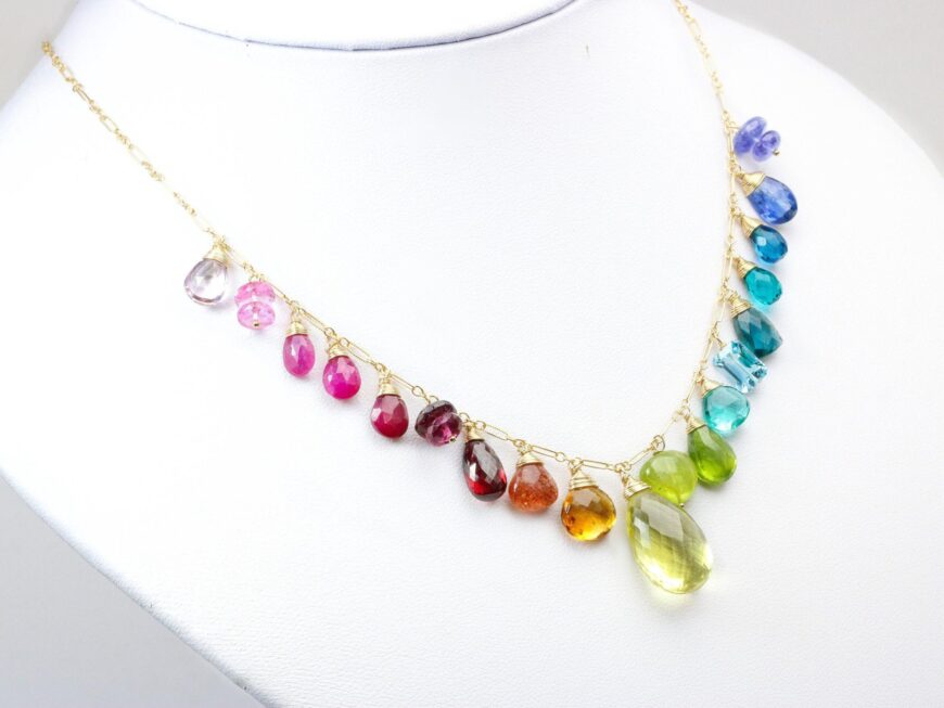 Rainbow Multi Gemstone Necklace in Gold Filled, Precious Drop Necklace