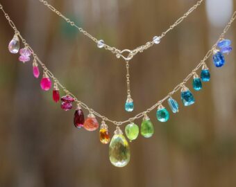 Rainbow Multi Gemstone Necklace in Gold Filled, Precious Drop Necklace
