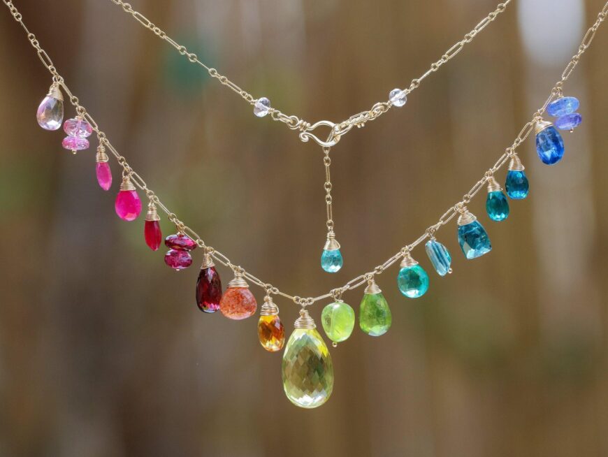 Rainbow Multi Gemstone Necklace in Gold Filled, Precious Drop Necklace