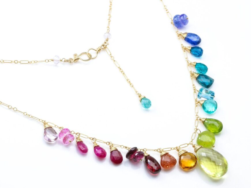 Rainbow Multi Gemstone Necklace in Gold Filled, Precious Drop Necklace