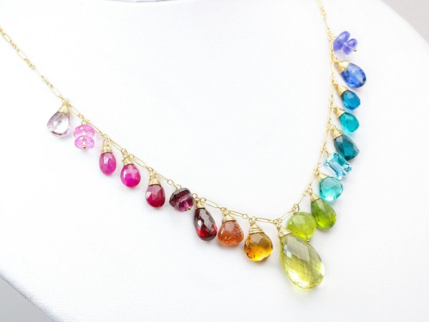 Rainbow Multi Gemstone Necklace in Gold Filled, Precious Drop Necklace