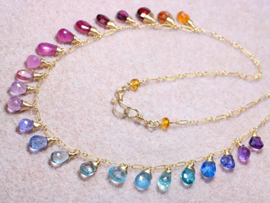 Rainbow Multi Gemstone Necklace in Gold Filled, Precious Drop Necklace