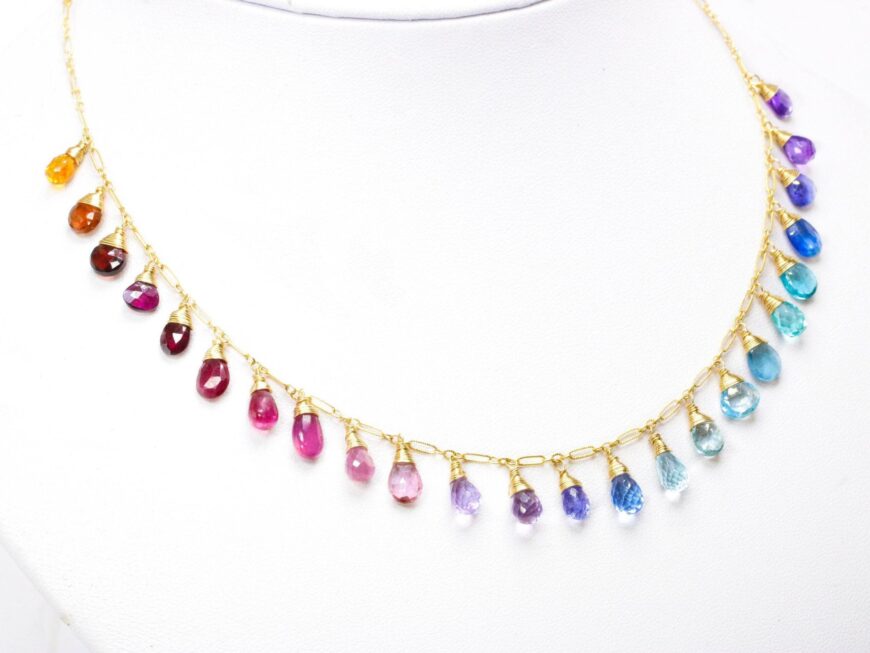 Rainbow Multi Gemstone Necklace in Gold Filled, Precious Drop Necklace