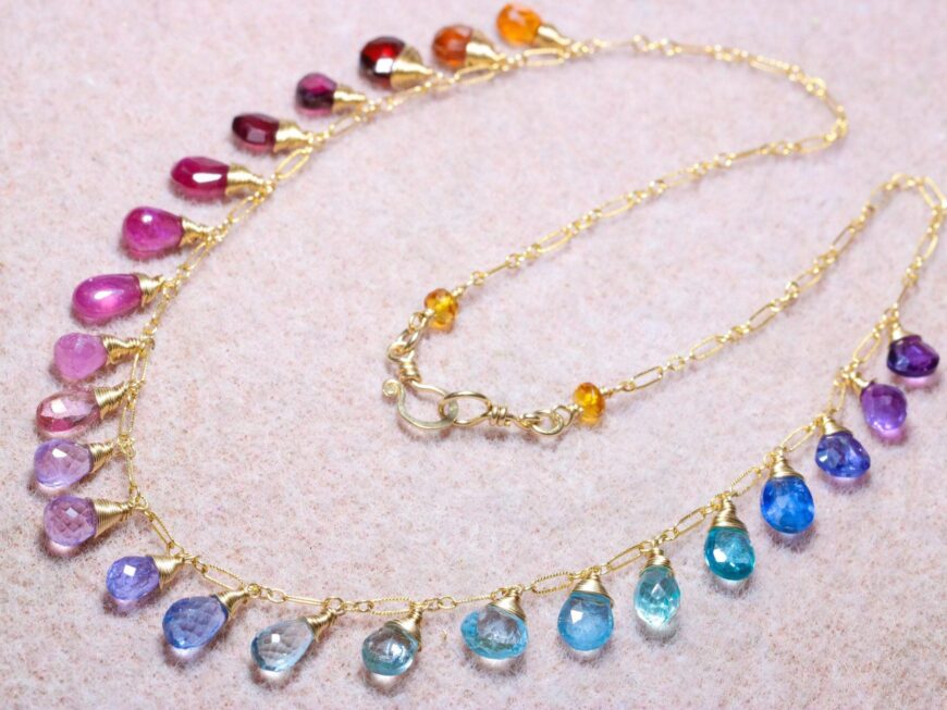 Rainbow Multi Gemstone Necklace in Gold Filled, Precious Drop Necklace