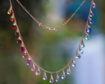 Rainbow Multi Gemstone Necklace in Gold Filled, Precious Drop Necklace