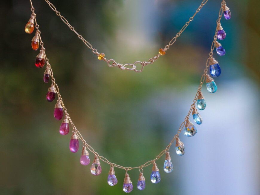 Rainbow Multi Gemstone Necklace in Gold Filled, Precious Drop Necklace