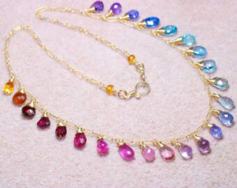 Rainbow Multi Gemstone Necklace in Gold Filled, Precious Drop Necklace