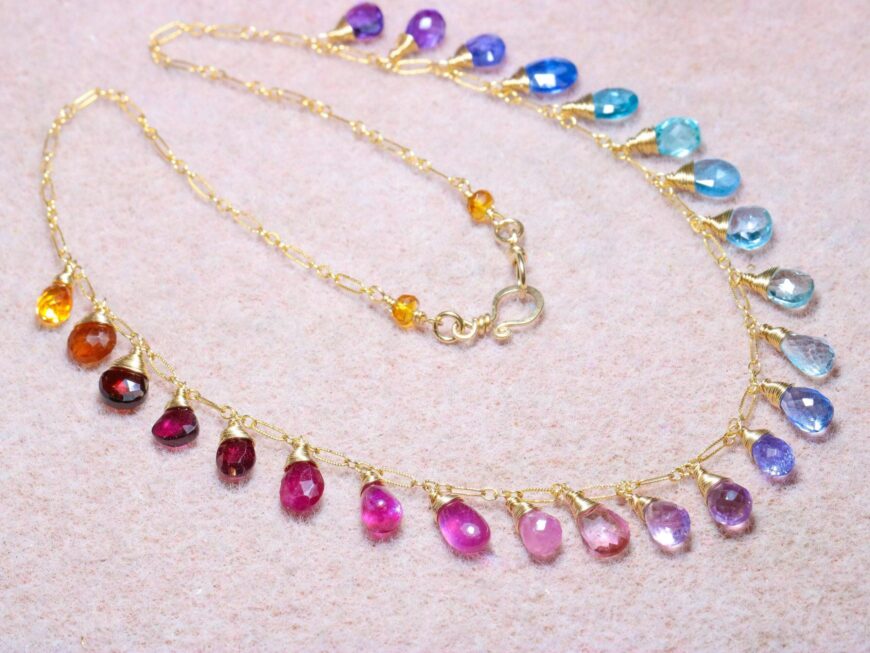 Rainbow Multi Gemstone Necklace in Gold Filled, Precious Drop Necklace