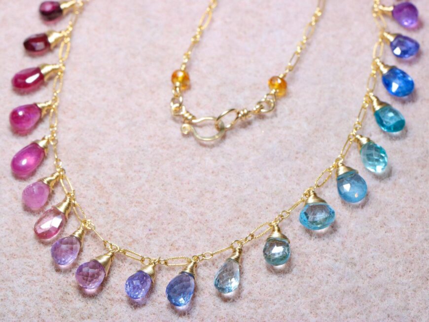 Rainbow Multi Gemstone Necklace in Gold Filled, Precious Drop Necklace