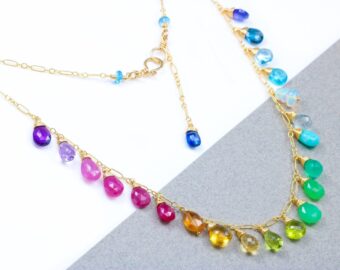 Rainbow Multi Gemstone Necklace in Gold Filled, Precious Drop Necklace