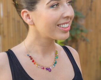 Rainbow Multi Gemstone Necklace in Gold Filled, Precious Drop Necklace