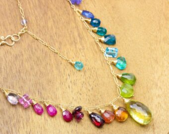 Rainbow Multi Gemstone Necklace in Gold Filled, Precious Drop Necklace