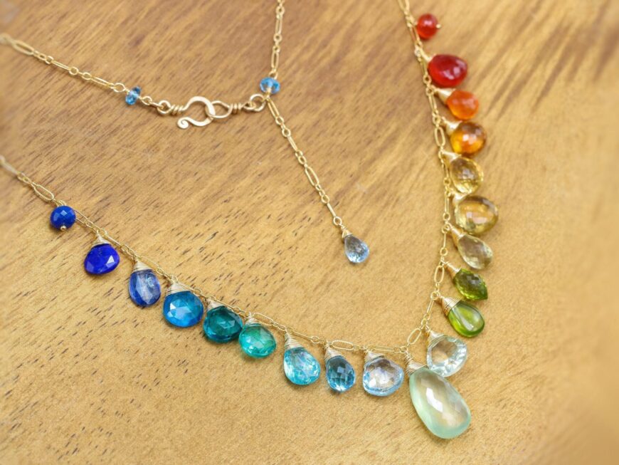 Rainbow Multi Gemstone Necklace in Gold Filled, Precious Drop Necklace