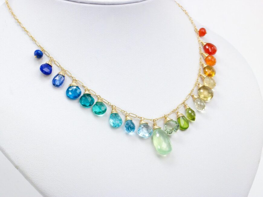 Rainbow Multi Gemstone Necklace in Gold Filled, Precious Drop Necklace