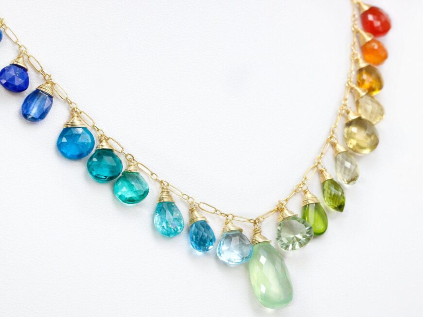 Rainbow Multi Gemstone Necklace in Gold Filled, Precious Drop Necklace