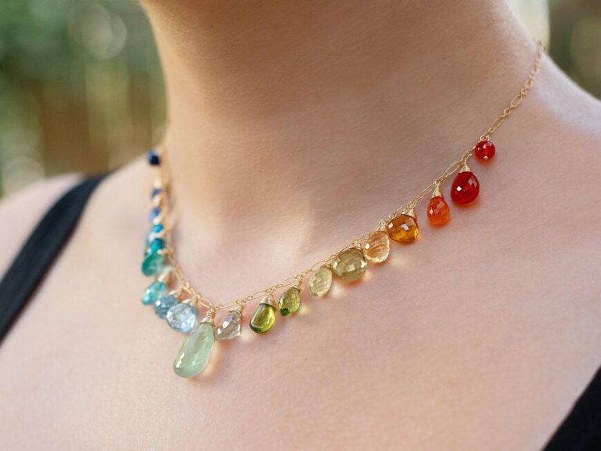 Rainbow Multi Gemstone Necklace in Gold Filled, Precious Drop Necklace