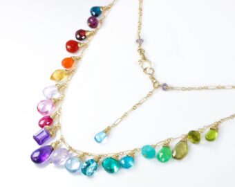 Rainbow Multi Gemstone Necklace in Gold Filled, Precious Drop Necklace