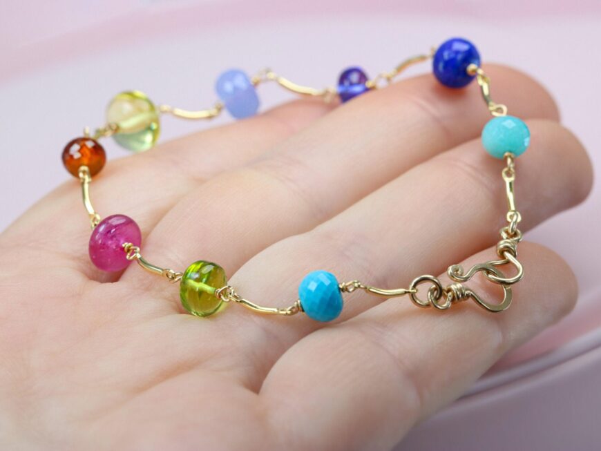 Rainbow Precious Gemstone Bracelet Wire Wrapped in Gold Filled