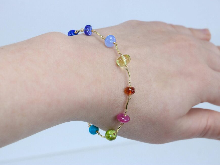 Rainbow Precious Gemstone Bracelet Wire Wrapped in Gold Filled