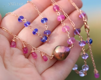 Rose Solid Gold 14K Edison Pearl Necklace with Pink Sapphires, Tanzanites and Ametrines, One of a Kind