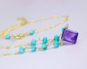 Solid Gold 14K Amethyst and Turquoise Wire Wrapped Rosary Necklace