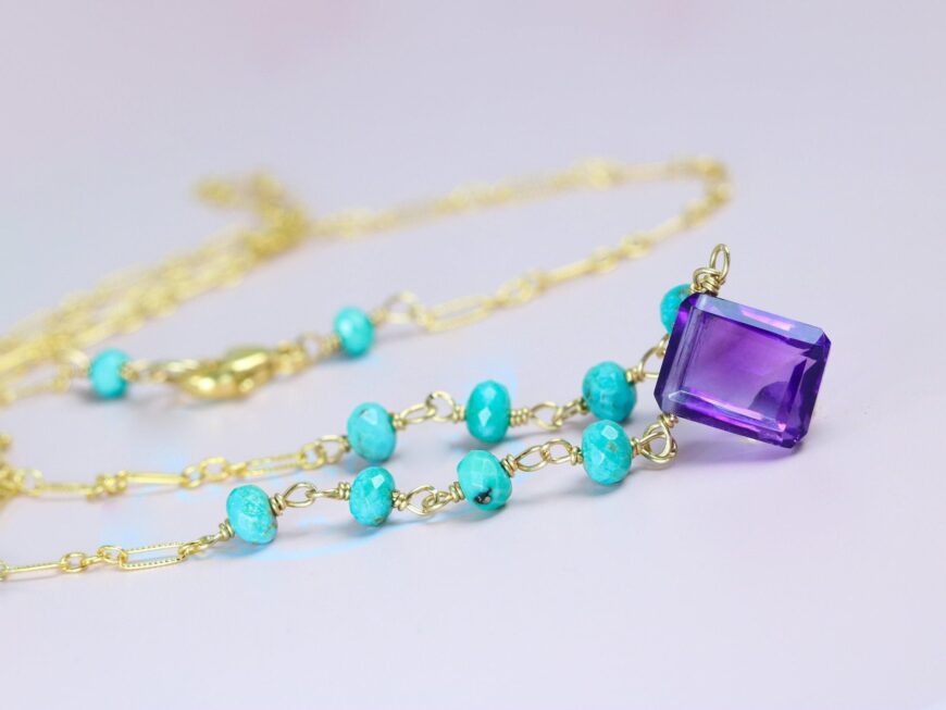 Solid Gold 14K Amethyst and Turquoise Wire Wrapped Rosary Necklace