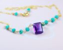 Solid Gold 14K Amethyst and Turquoise Wire Wrapped Rosary Necklace