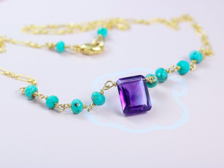 Solid Gold 14K Amethyst and Turquoise Wire Wrapped Rosary Necklace
