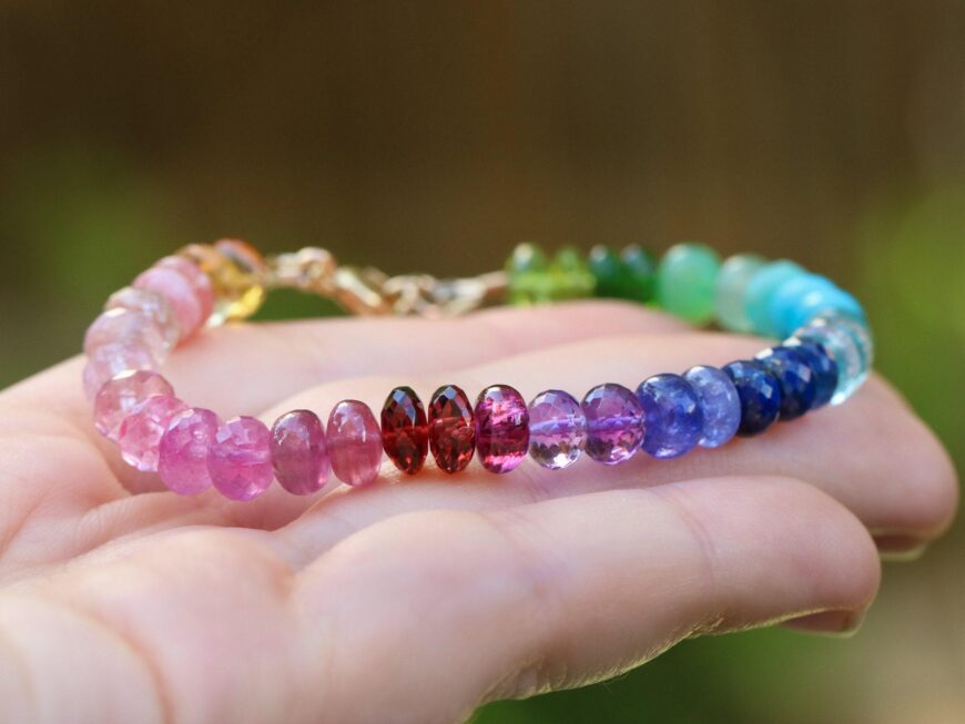 Solid Gold 14K Colorful Gemstone Bracelet, Semi Precious Stone Bracelet