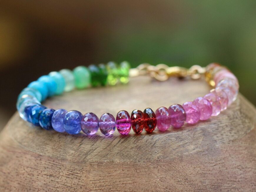 Solid Gold 14K Colorful Gemstone Bracelet, Semi Precious Stone Bracelet