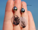 Solid Gold 14K Dendritic Agate and Tahitian Pearls Earrings, One of a Kind