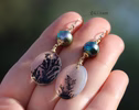 Solid Gold 14K Dendritic Agate and Tahitian Pearls Earrings, One of a Kind