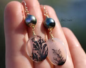 Solid Gold 14K Dendritic Agate and Tahitian Pearls Earrings, One of a Kind