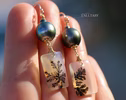 Solid Gold 14K Dendritic Agate and Tahitian Pearls Earrings, One of a Kind