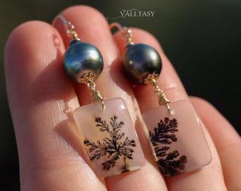 Solid Gold 14K Dendritic Agate and Tahitian Pearls Earrings, One of a Kind