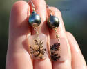Solid Gold 14K Dendritic Agate and Tahitian Pearls Earrings, One of a Kind