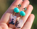 - Solid Gold 14K Dendritic Agate and Turquoise Gemstone Earrings, One of a Kind