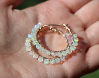 Solid Gold 14K Ethiopian Opal Wire Wrapped Gemstone Hoop Earrings
